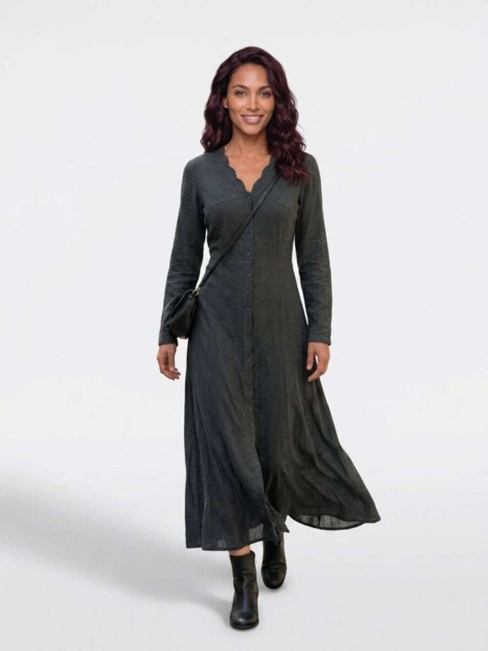 Johnny Was Collection Deep Green Embroidered Button-Up Maxi Dress Scalloped Boho